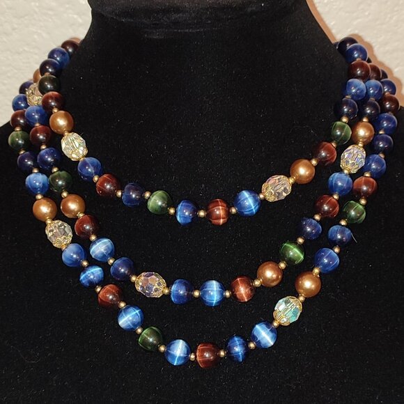 3 Tiered Boho Necklace Academia Style Cobalt Blue Green Brown Vintage Revival - Picture 1 of 7